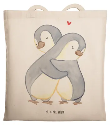 Produktbild von Mr. & Mrs. Panda Jutebeutel Pinguine Kuscheln - Transparent - Geschenk, Tote Bag, Shopping Tasche, Mitbringsel, Valentinstag, Freundin, für Frauen, Jahrestag, Schultasche