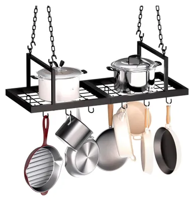 Produktbild von Hängendes Küchenregal, Pfannenhalter für die Deckenmontage, Topfregal mit 12 abnehmbaren S-Haken, stabiler Organizer für Töpfe und Pfannen, platzsparend, schwarz