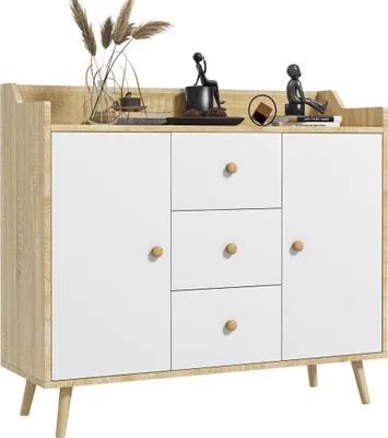 Obrázok produktu pre HOMCOM Moderná komoda s 3 zásuvkami a 2 skrinkami (2 úrovne), rozmer 90x32x80A cm, biela a drevená farba