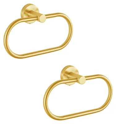 Image de Ensemble de deux porte-serviettes dorés, design moderne, fixation murale en acier inoxydable. Accessoires de salle de bain