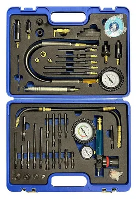 Image de Testeur de compression et de fuite - Manomètre pour moteur - Kit de 46 pièces - Pour moteurs essence et diesel - Outil de diagnostic automobile - Manuel - CE