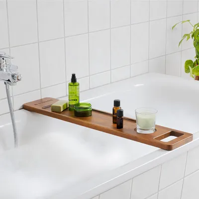 Produktbild von Navaris Badewannenablage aus Walnussholz - Buch Ablage Weinglas Halterung Badewannentablett - Badewannen Brett - Wannenablage aus Holz in Dunkelbraun