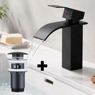 Produktbild von Homelody Wasserhahn Bad mit Pop-Up Ventil Messing Ablaufgarnitur,Schwarz Waschtischarmatur Wasserfall,Waschbecken Armaturen fur waschbecken,Edelstahl