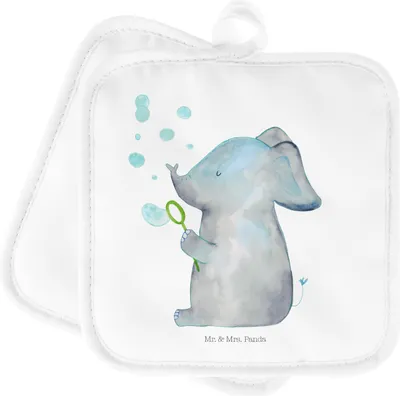 Produktbild von Mr. & Mrs. Panda Topflappen Elefant Seifenblasen - Weiß - Geschenk, topfhalter, Rüsseltier, Liebesspruch, Lustige Sprüche, Topfuntersetzer, Elefanten, Kochlappen, Set