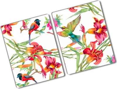 Produktbild von Tulup Glas Herdabdeckplatte - 2x40x52 cm - Glaskeramikkochfeld-Abdeckung Spritzschutz Glasabdeckplatte Kochplattenabdeckung und Schneidebrett - Zweiteilig - Tiere - Exotische Vögel - Mehrfarbig