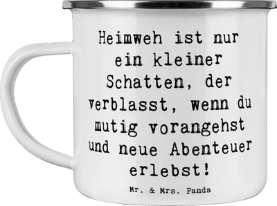 Produktbild von Mr. & Mrs. Panda Pott Spruch Heimweh überwinden Abenteuer erleben - Weiß - Geschenk, Blechtasse, Mut, Zuversicht, trösten, handgefertigt, Outdoor Becher, Emaille Tasse