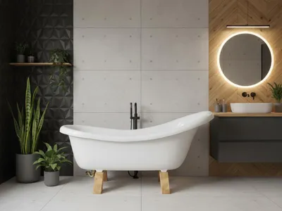 Produktbild von Freistehende Retro-Badewanne 170 cm Weiß Komposit auf Holzfüßen aus Massivholz — Retro Badewanne Ludwik Weiß mit Eiche- oder Kiefernfüßen