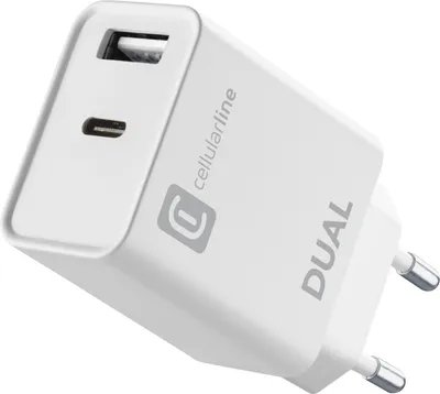 A white dual port travel charger with a USB-A and USB-C port.