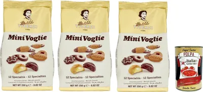 Produktbild von Matilde Vicenzi - Biscotti Minivoglie, Auswahl an Gebäck, Shortcruste Shortbread Chocolate, Sahne oder Marmelade, Butter oder Kakao -Shortbreads, 3x 250 g + Italian Gourmet polpa 400g