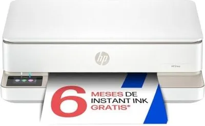 A white HP printer with a promotional banner showing "6 MESES DE INSTANT INK GRATIS".