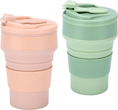 Produktbild von Silikonbecher 350ml, klappbar, BPA-frei, grün und rosa, für Camping