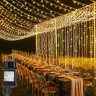 Produktbild von 300 LED Lichterkette Vorhang Innen Außen Warmweiß, 3x3m Lichtervorhang 10 Stränge,8 Modi mit Timer,Weihnachten Hochzeit Party Fenster Wand Balkon Deko