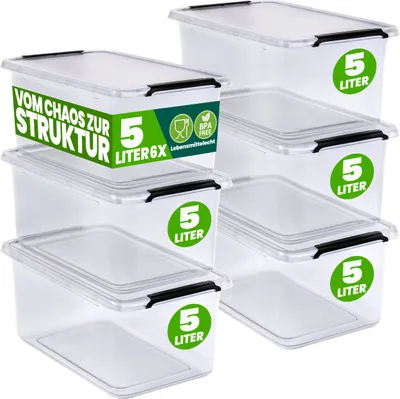 Produktbild von DEUBA® 6x Aufbewahrungsbox mit Deckel 5L Box Kunststoff Kisten lebensmittelecht BPA frei klein Klickverschluss transparent stapelbar Küche Schlafzimmer