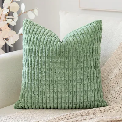 Produktbild von Set mit 1 Kissenbezug im Boho-Streifenmuster, einfarbiger Dekokissenbezug, Sofakissen, 40 x 40 cm, weiches Sofakissen für Wohnzimmer und Schlafzimmer, Bohnengrün
