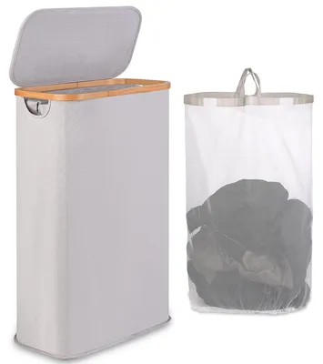 Produktbild von Faltbarer Wäschekorb 60L mit Abnehmbarer Innentasche und Bambusgriff