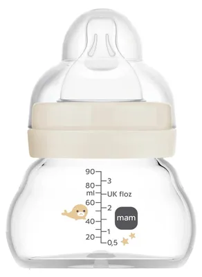 Produktbild von MAM Glasflasche, für Neugeborene, 0 Monate, 90 ml, mit Sauger 0, extra langsamer Fluss aus Silikon, leicht anzunehmen, leicht zu reinigen, Feel Good, neutral, 1 Stück – 0 Monate - 90 ml