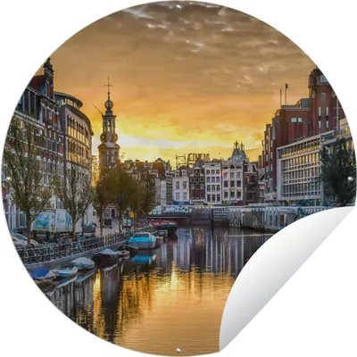 Produktbild von MuchoWow® Gartenposter Outdoor-Poster Rund Sonnenuntergang über den Munttoren in Amsterdam Ø 60 cm Gartendeko Rundes Poster draußen