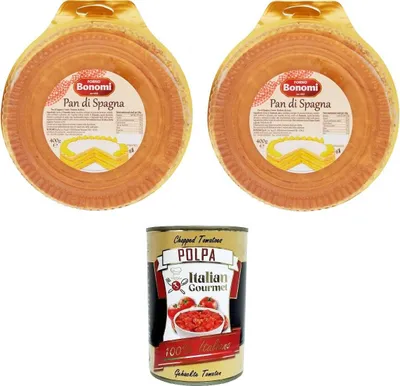 Produktbild von Forno Bonomi Pan Di Spagna Pronto da farcire tre strisce Füllfertiger Biskuitkuchen mit drei Streifen 2x 400gr + Italian gourmet polpa 400g