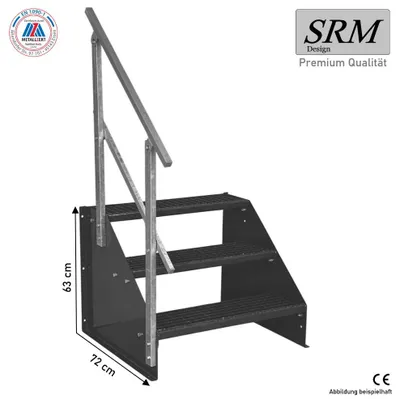 Zdjęcie produktu dla schody 3 stopniowe model 1 wolnostojące kompletne schody antracytowe schody stalowe szerokość 90 cm wysokość 63 cm 1x poręcz