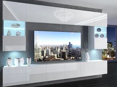 Produktbild von Wohnwand Schrankwand IMPERIA VI 300 cm viele Farbkombinationen hochglanz matt WEISS HOCHGLANZ IMP 1/5/W/W/0/0 ohne LED Beleuchtung