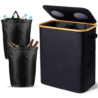 Three black collection bins for bottles and other items, with one bin open and showing bottles inside.