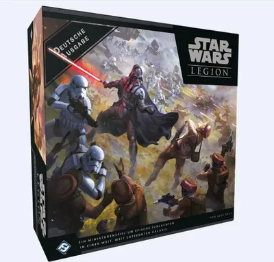 A box for the Star Wars: Legion board game, showing a battle scene with Darth Vader and stormtroopers.