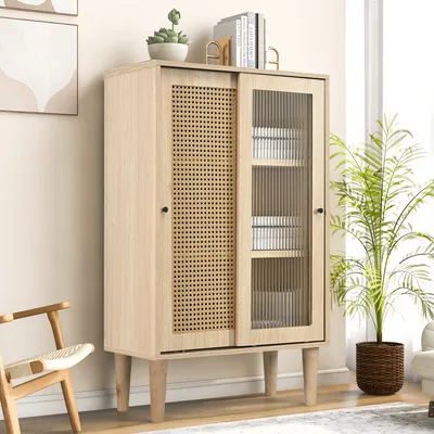 Zdjęcie produktu dla Flieks komoda kredens z 2 drzwiczkami, rattan szafki do salonu szafka stojąca stolik pod TV 60x40x120cm