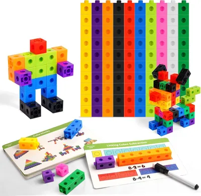 Productafbeelding van Bouwstenen Set 100 Stuks, Kleurrijke Blokken, 10 Kleuren, 18 Leskaarten, voor Rekenen en Wiskunde