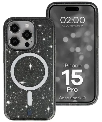 Produktbild von Glitzer Hülle mit Magnetring für iPhone 15 Pro, Bizon Case SparklO, Transparent-Schwarz mit Glitzer