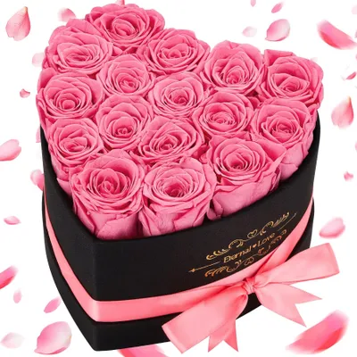 Ewige Rosen Herz Geschenkbox, 16 rosa, konservierte Blumen