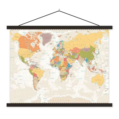 Produktbild von MuchoWow® Textilposter Weltkarte - Retro - Farben - Pädagogisch - Statistisch 120x90 cm mit schwarzem Rahmen - Aufhänger für Poster