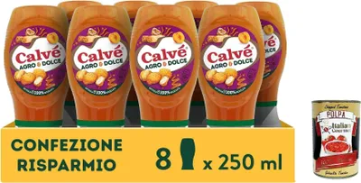 Produktbild von Calvé Salsa Agro & Dolce, 8 Stück à 250 ml, Fruchtige Süß-Sauer-Sauce, Süß und Ausgewogen, Ideal für Frittiertes und Fingerfood, Ohne Aromen und Farbstoffe, Glutenfrei + Italian Gourmet polpa 400g
