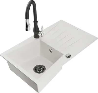 Produktbild von Mexen Cesar 1 Becken-Granitspüle mit Abtropffläche und Mischbatterie Savita, Weiß - 6514-20-672601-70