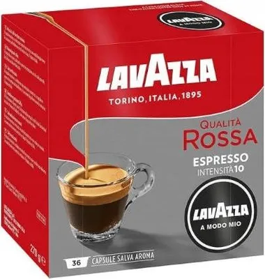 A box of Lavazza A Modo Mio Qualita Rossa coffee capsules, with a cup of espresso shown.