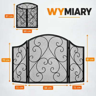Zdjęcie produktu dla Osłona kominkowa z kratką przeciwiskrową, metalowa osłona kominkowa, osłona kominkowa w stylu vintage, czarna | 66 x 31 x 81 cm | 6 kg | stabilna