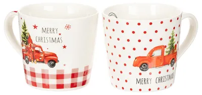 Produktbild von Weihnachtliche Tassen mit festlichem Auto- und Tannenbaum-Motiv aus Keramik, 2 Stück