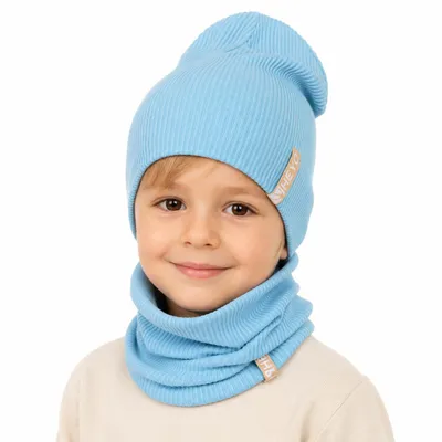 Produktbild von HEYO Kinder Beanie Mütze und Schlauchschal Set aus Baumwolle gerippt– Übergangsmütze für Frühling Herbst weich & elastisch  Hellblau
