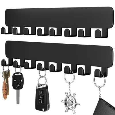 Productafbeelding van Extra sterke, zwarte, zelfklevende haken, handdoekhouders van roestvrij staal (geen boren nodig), 8 zelfklevende handdoekhouders voor de badkamer, zelfklevende wandhaken voor keuken en badkamer, 2 stuks