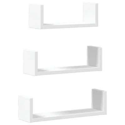 Three white U-shaped shelves are displayed vertically against a white background.