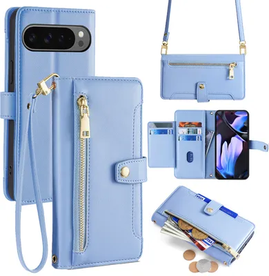 Produktbild von Handykette Google Pixel 9 Pro XL Hülle mit Band Handyhülle Kartenfächer Kunstleder Umhängetasche in Hellblau