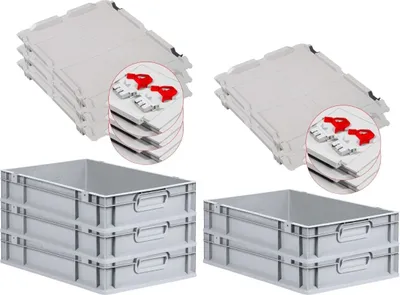 Produktbild von SuperSparSet 5x Eurobox NextGen Economy mit Scharnierdeckel und roten Schiebeschnappverschlüssen | Griffe geschlossen | HxBxT 12x40x60cm | 23 Liter | Eurobehälter, Transportbox, Transportbehälter, Stapelbehälter