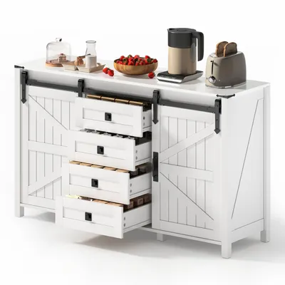 Produktbild von Sideboard mit Stauraum, 137cm breiter Seitenschrank mit Schiebetüren und 4 Schubladen, Vintage-Kaffeebar-Sideboard, geeignet für Küche, Esszimmer