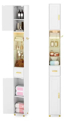 Produktbild von Hochschrank für das Badezimmer mit Beleuchtung, Schublade und 3 Glasablagen, schmaler Holzschrank, inkl. seitlichem Haken, Stauraum 20 x 20 x 181 cm (Weiß)