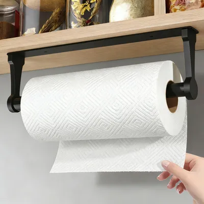 Image de Porte-rouleau de papier essuie-tout, noir, en alliage d'aluminium, autocollant pour fixation murale, compatible avec tous les rouleaux de papier essuie-tout
