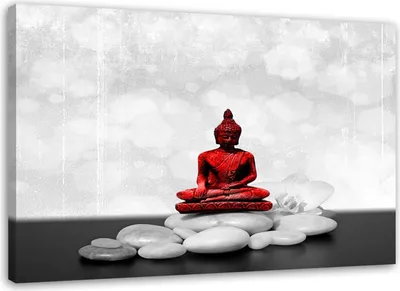 Produktbild von Leinwandbild roter buddha auf steinen 100x70 cm Feeby rot wandbild bereit zum aufhängen