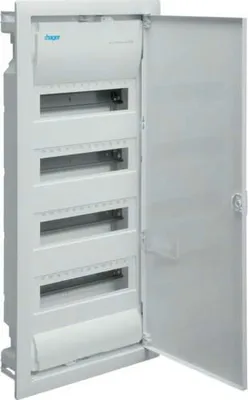An open electrical distribution box with multiple compartments.