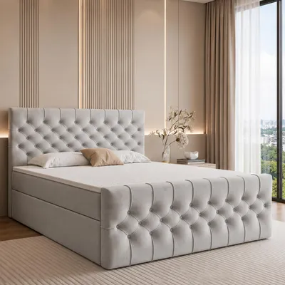 Produktbild von GOLDSTOFF TAURIEL Boxspringbett 160x200cm mit Federkernmatratze & Topper | Bett mit Stauraum & 2 Bettschubladen | Samt (HellGrau)