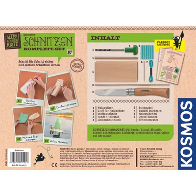 A collage of images and text on a light brown background, showcasing a craft kit for carving.