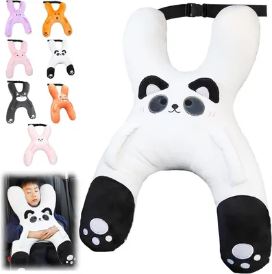 Imagen del producto de Almohada de viaje para niños – Almohada con forma de H para el cuello – Cojín para el coche con reposacabezas – Almohada de viaje para coche, avión, tren y barco – Diseño de panda – Blanco y