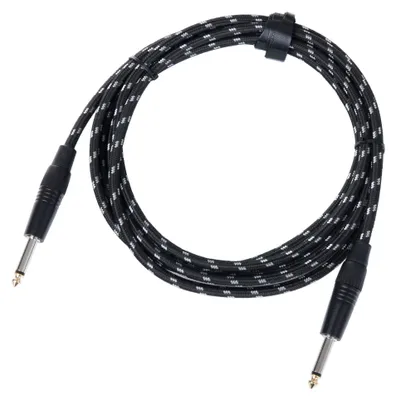Image de Câble d'instrument Pronomic Stage INST-3T, 3 mètres (jack 6,3 mm, gaine textile, câble pour guitare, connecteurs plaqués or, système de fixation par pince pour éviter les tensions), noir et blanc